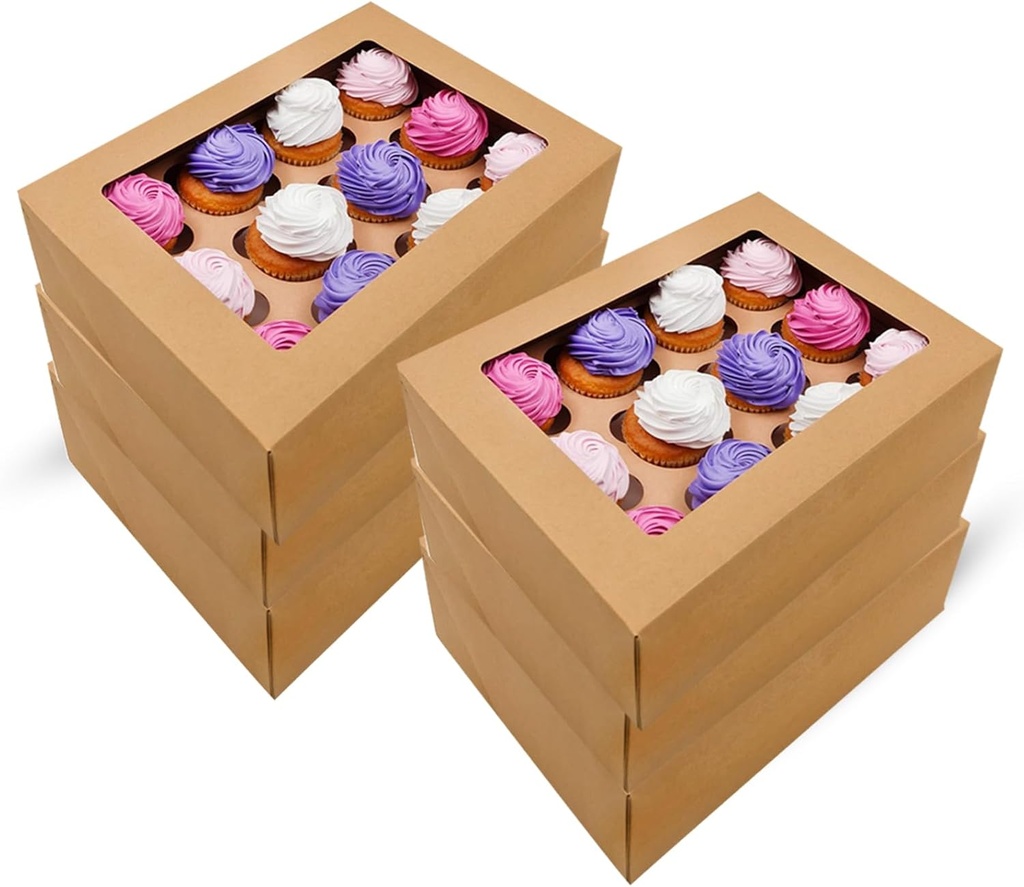 6-Pack Brown Cupcake Boxes 12 Count Holders, Cake Carrier Food Grade Kraft Pop-Up Bakery Boxes with 6 Inserts and PVC Windows Fits 12 Hole Standard Cupcake or Muffins - Pack of 6