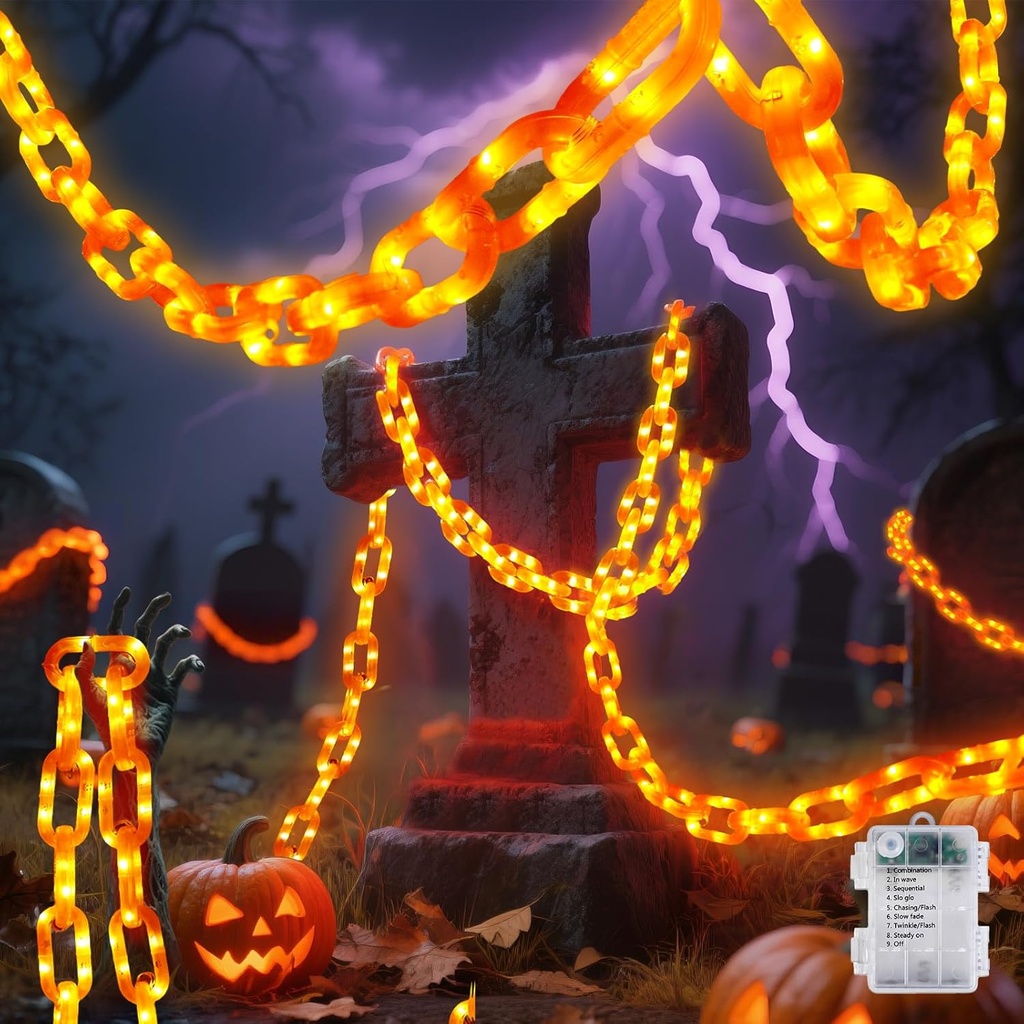 10FT Battery Halloween Chain String Lights, Waterproof Orange Plastic Chain Lights for Halloween Decorations Indoor/Outdoor, 8 Lighting Modes, Led halloween Lights for Skeleton Dog, Lawn Porch Decor