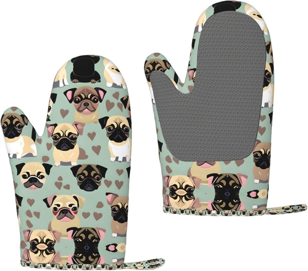 Cute Chihuahua Pug Pattern Silicone Insulated Oven Mitts,Oven Glove High Heat Resistant,for Cooking Barbecue,Microwave