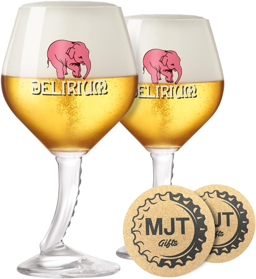 Delirium Beer Glasses - Elephant Trunk Stem - with Coasters (2pk)