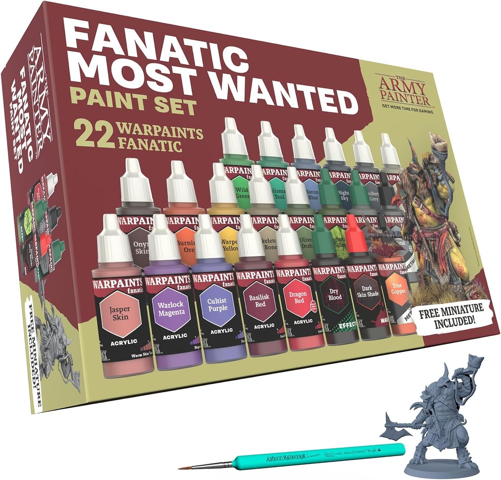 The Army Painter Warpaints Fanatic: Most Wanted Combo Set, 22 x 18ml Acrylic Paint incl. Skin Tones, Metallics, Effects, Wash, Primer, 1 Brush & 1 Miniature - Miniature Paint for D&D & Warhammer