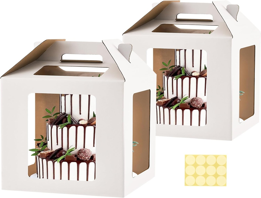Tall Cake Boxes, 14x14x14 Inches, 2 Pack, Cake Carrier with Windows, Handle for Wedding, Birthday, Party Cakes
