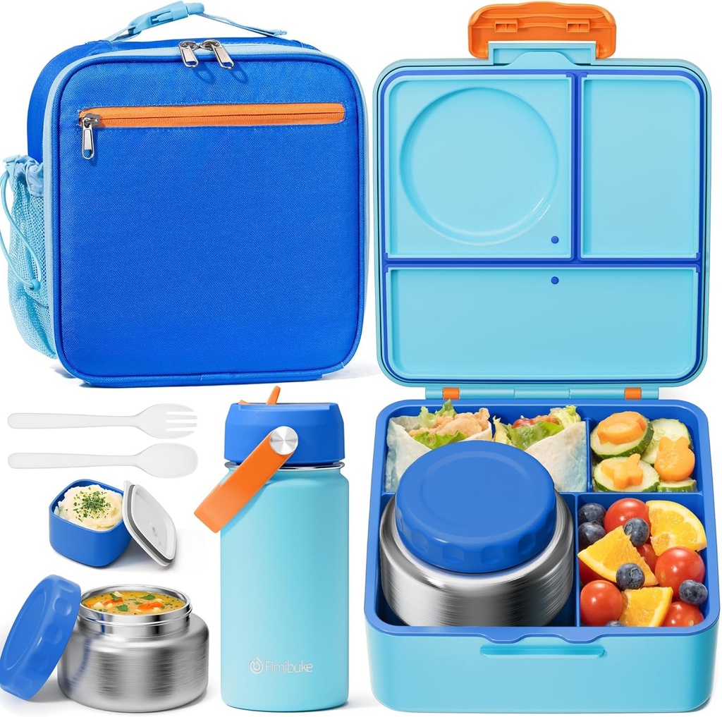 Fimibuke Kids Bento Lunch Box with Thermos, Leakproof Toddler Bento Box with 8.5 OZ Insulated Food Jar, Lunch Bag, Kids Water Bottle, 3 or 4 Compartment Container for Back to School Toddler Girls Boys