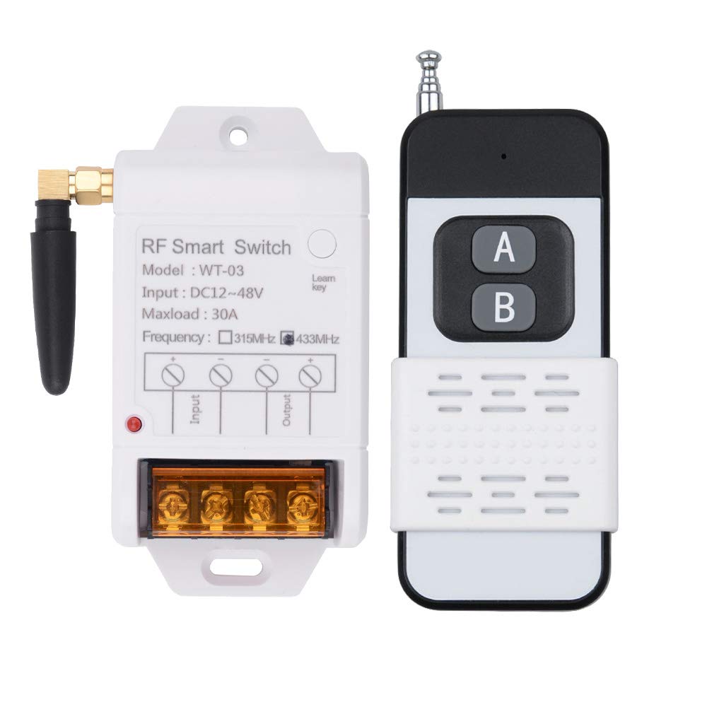 DC12V - 48V Wireless Remote Switch 30A 433Mhz Long Range Remote Relay, Universal 1 Channel Remote Transmitter with Receiver for Water Pump, Lights, Security Systems Garage Door etc.