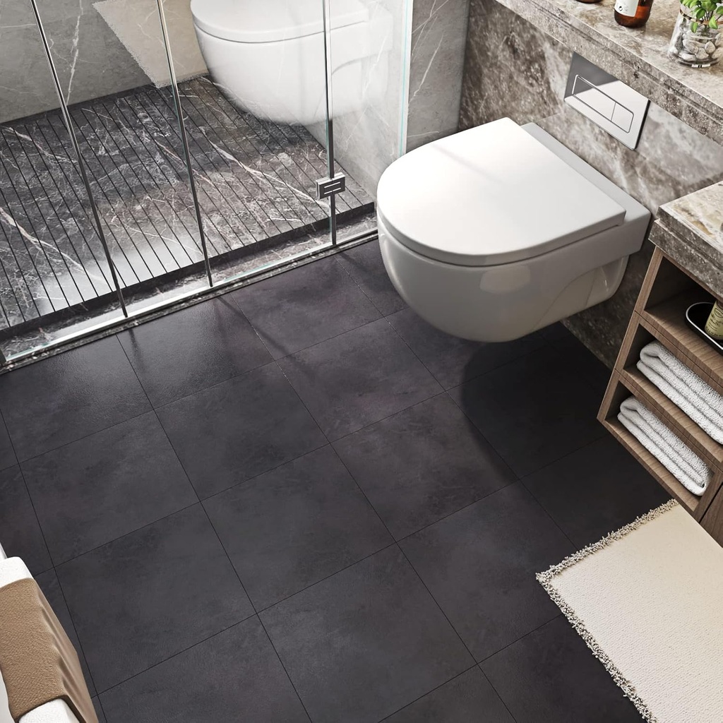 FunStick 15 Pcs Charcoal Grey Peel and Stick Floor Tile Bathroom Vinyl Flooring Waterproof 12x12 Inch Grey Slate Tile Flooring Stick on Laminate Flooring for Kitchen Removable Sticky Linoleum Flooring