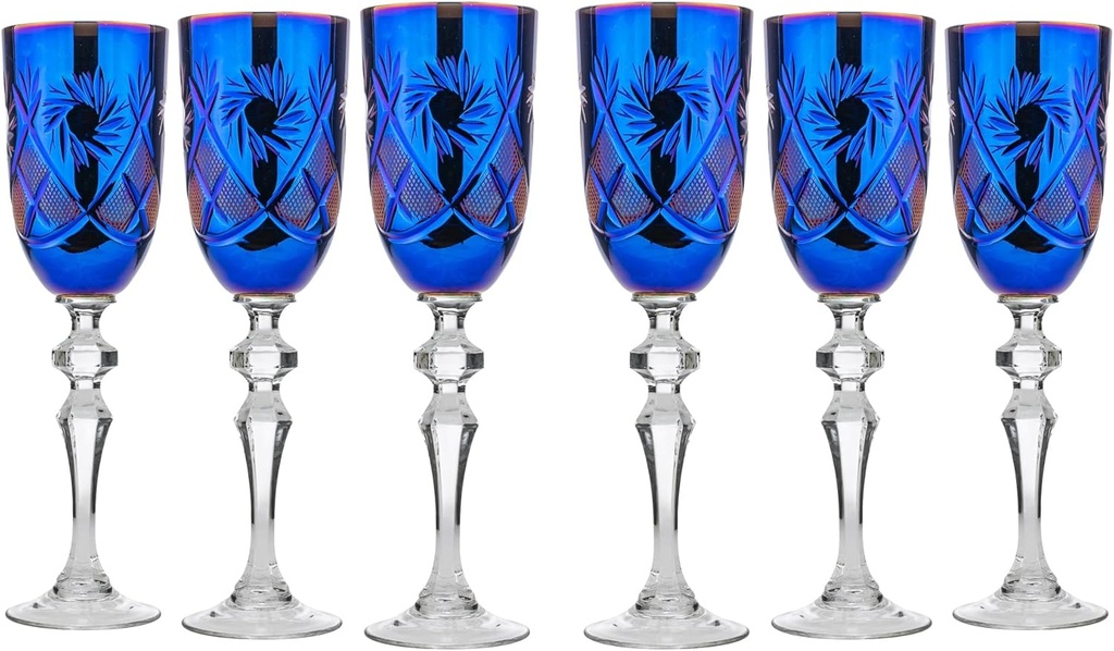 Neman Royal Fuchsia 5.25 Oz Handmade Wine Hand-Cut Crystal Glasses on a Long Stem, Stemmed Wine Goblets, Set of 6