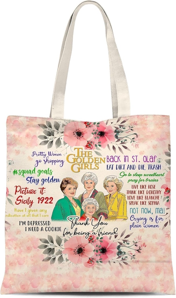 ATHAND Golden Girls Canvas Tote Bag with Zipper Inner Pocket, Reusable Shopping Beach Travel Grocery Bag for Women,Friends