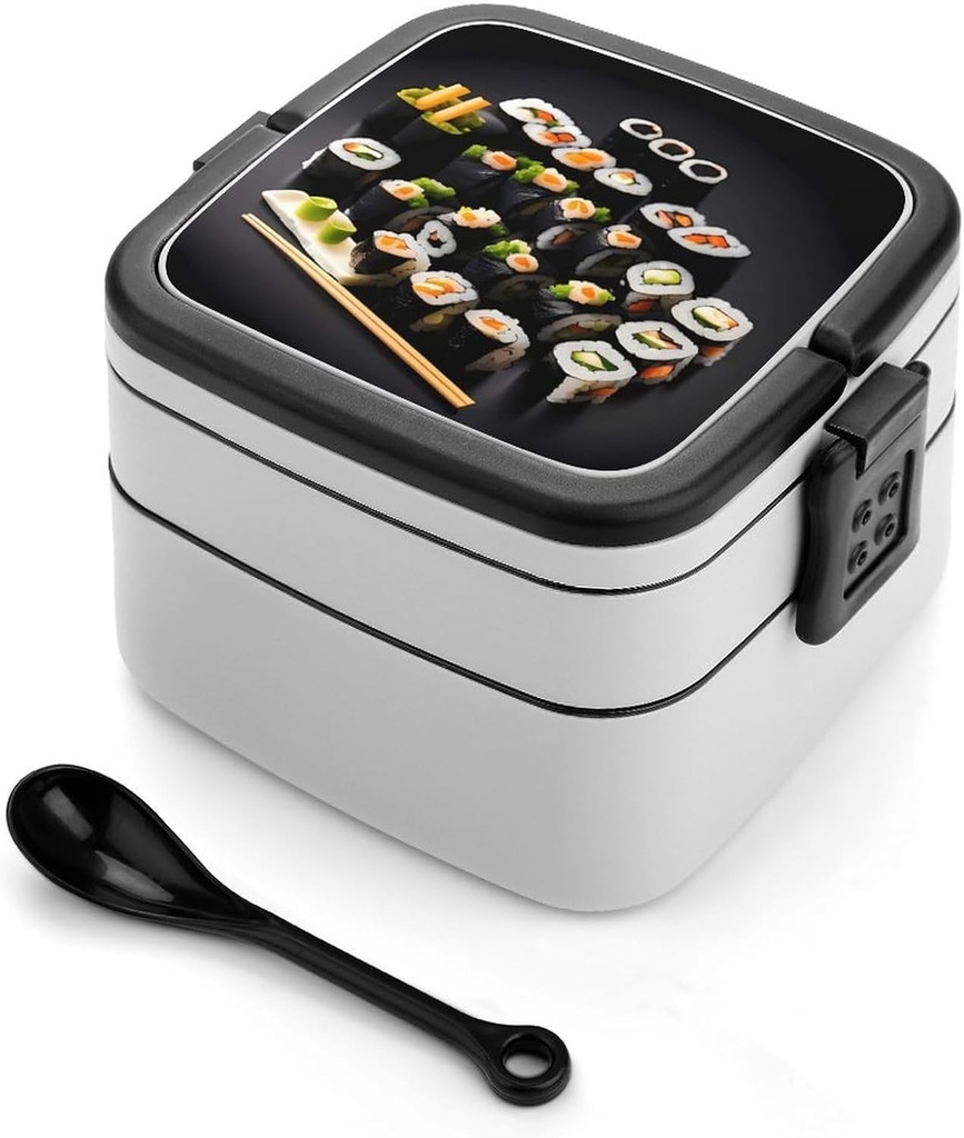 Japanese Sushi Black Bento Box Double-Layer Bento Lunch Container with Spoon And Invisible Handle Adult Leak-Proof Lunchbox for Dining Out Work Picnics Travel