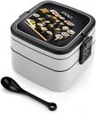 Japanese Sushi Black Bento Box Double-Layer Bento Lunch Container with Spoon And Invisible Handle Adult Leak-Proof Lunchbox for Dining Out Work Picnics Travel