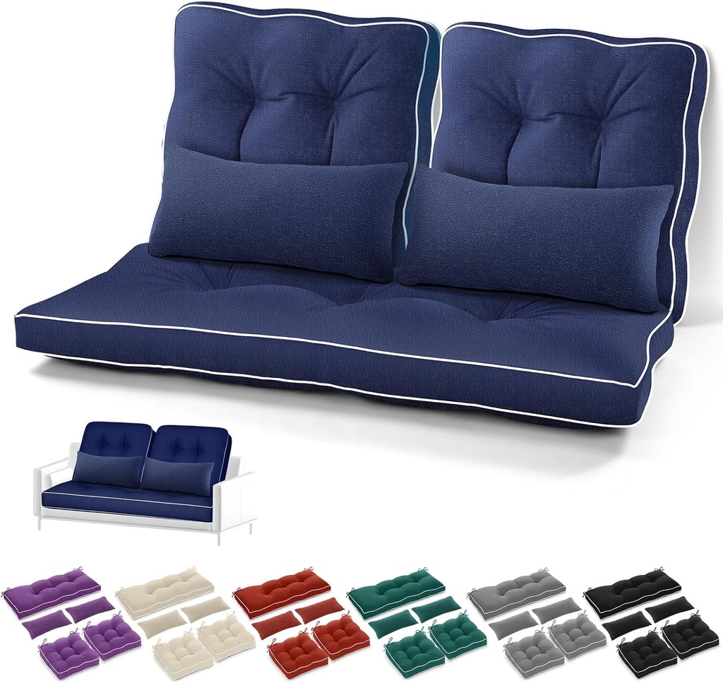 Chunful Set of 5 Outdoor Bench Cushions Set 44 x 19 Inch Tufted Waterproof Patio Furniture Seat Pad with Throw Pillows Loveseat Cushion for Square Settee Indoor Sofa Wicker Couch(Navy Blue)