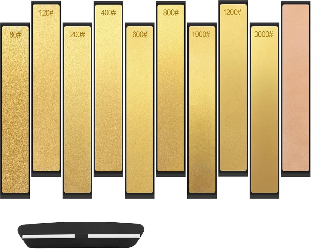 11PCS Diamond Sharpening Stones Set, Kalolary Titanium Coated Grinding Sharpener Plate Diamond Knife Sharpener with Non-slip Base, Honing Rod & Angle Guide for Outdoor Kitchen Knife Tools (9 Grits)