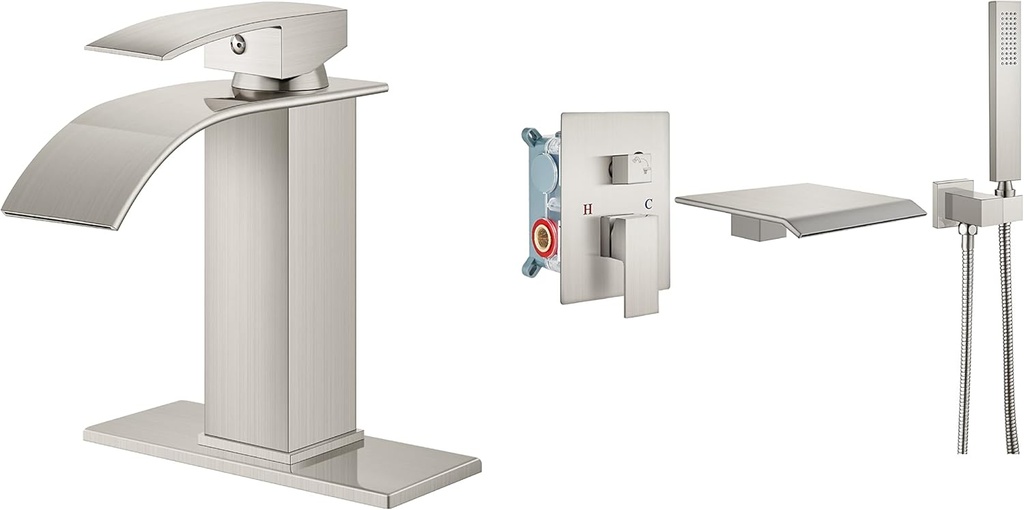 Airuida Waterfall Bathroom Faucet Brushed Nickel Airuida Wall Mount Brushed Nickel Bathtub Faucet with Handheld Shower Sprayer