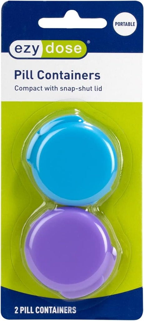 EZY DOSE Daily Round, Compact, Small, Disrcrete, Portable On-The-Go Pocket Pharmacy, Pill Box, Organizer and Vitamin Containers, Snap Shut Lids, Travel Friendly, Colors May Vary, 2 Pack, BPA Free