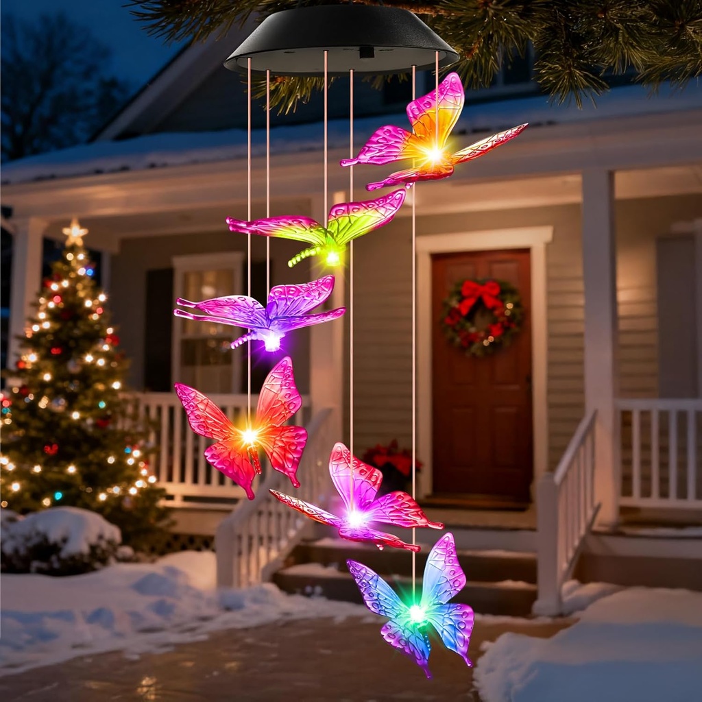 Christmas Stocking Stuffers for Women Mom Grandma Birthday, White Elephant Gifts for Adults, Winzwon Solar Lights Outdoor Wind Chimes for Garden Yard Patio Porch Decor Hanging Butterfly Decorations