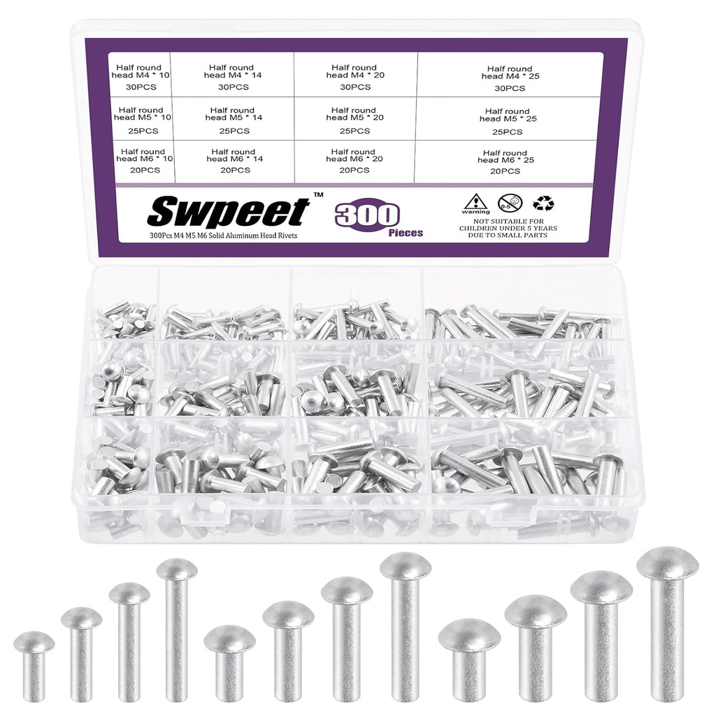 Swpeet 300 Pack M4 M5 M6 × 10mm 14mm 20mm 25mm Solid Aluminum Brazier Head Rivets, Aluminum Rivet, Plain Finish, Universal Head, High Corrosion Resistance for Repairing Boats, Aircraft, Making Armor