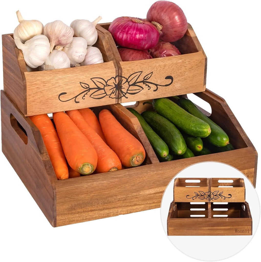 Acacia Wood Pantry Storage Bins for Kitchen, Onion & Potato Pantry Storage Organization, No installation Required, 2-tier Fruit and Vegetable Storage Containers, Snack Bins for Kitchen & Pantry