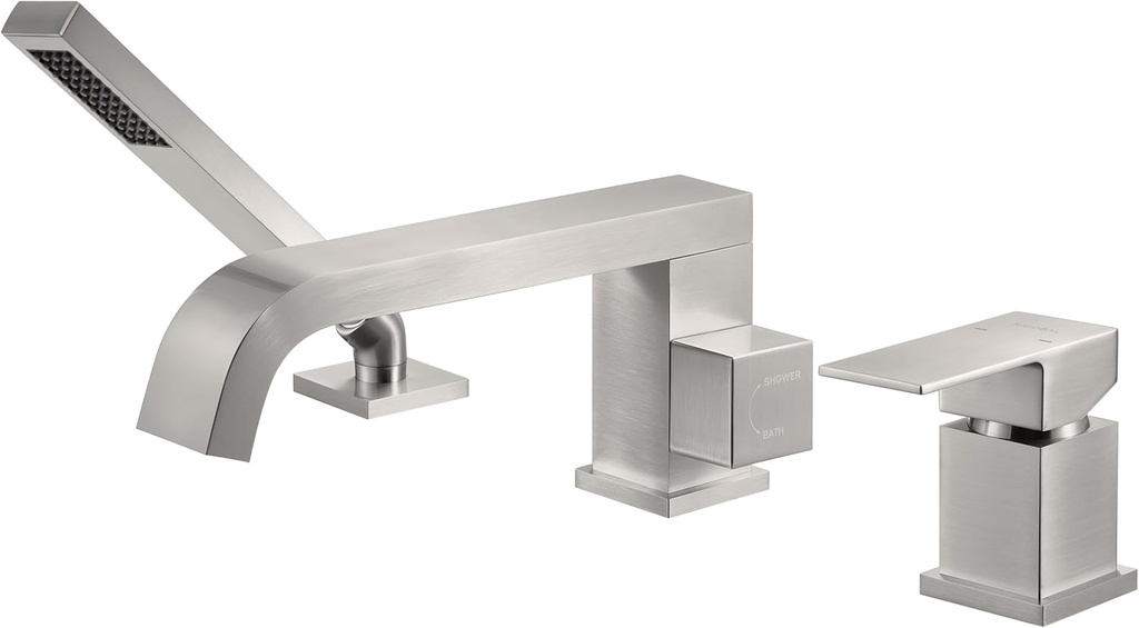 Deck Mount Tub Faucet With Sprayer Brushed Nickel Bathtub Filler with Diverter Handheld Shower High Flow Rate 11.9Gal Waterfall Roman Faucets 3 Holes