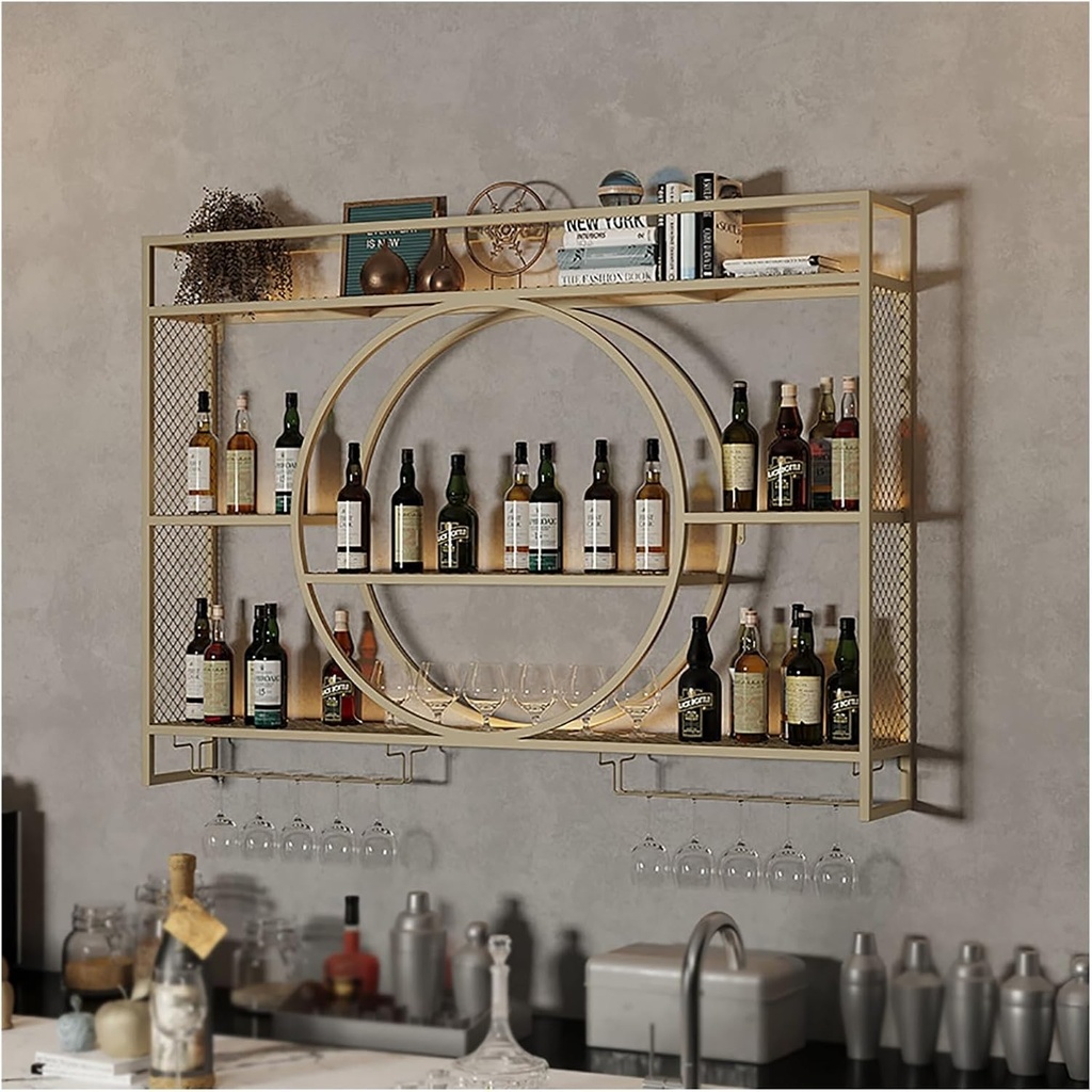 Wine Rack Wall Mounted with Hanging Wine Glass Holder,Metal Floating Shelves with Stemware Hanger,Liquor Bottle Display Shelf,Multifunctional Storage Rack,for Bar Wine Cellar Kitch