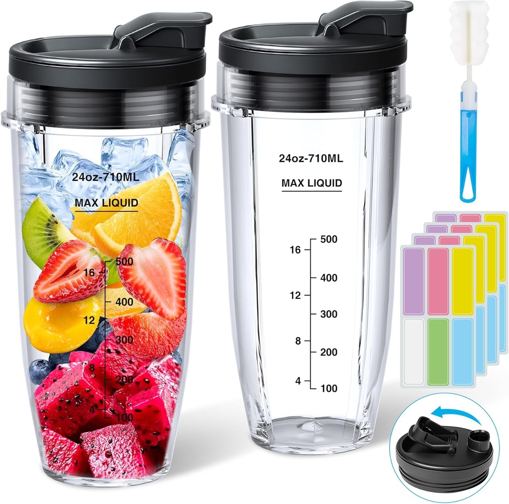 GuanQiao 2-Pack 24oz Blender Cups: Replacement For Ninja, With Sip/Seal Lid, Cleaning Brush & 24pcs Writable Labels. Fits BN401/BN751/BN801/BN800/BL450/BL456/BL480/Foodi SS401/SS101/TWISTi SS151/SS351