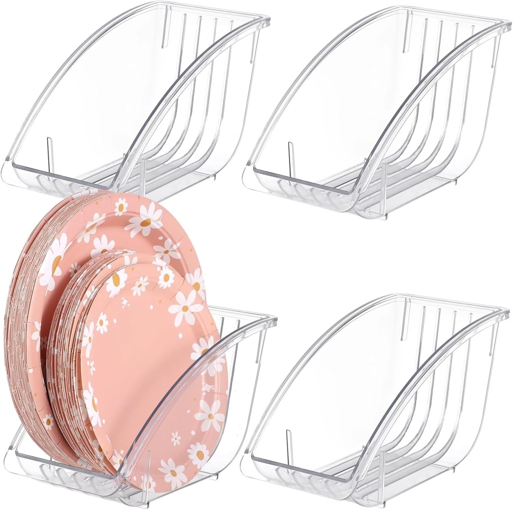4 PCS 10 Inch Paper Plate Holders, Plastic Clear Dinner Plate Organizers, Dish Drainer Paper Plate Dispenser, Dish Cradle Organizers Rack for Kitchen Cabinet Countertop