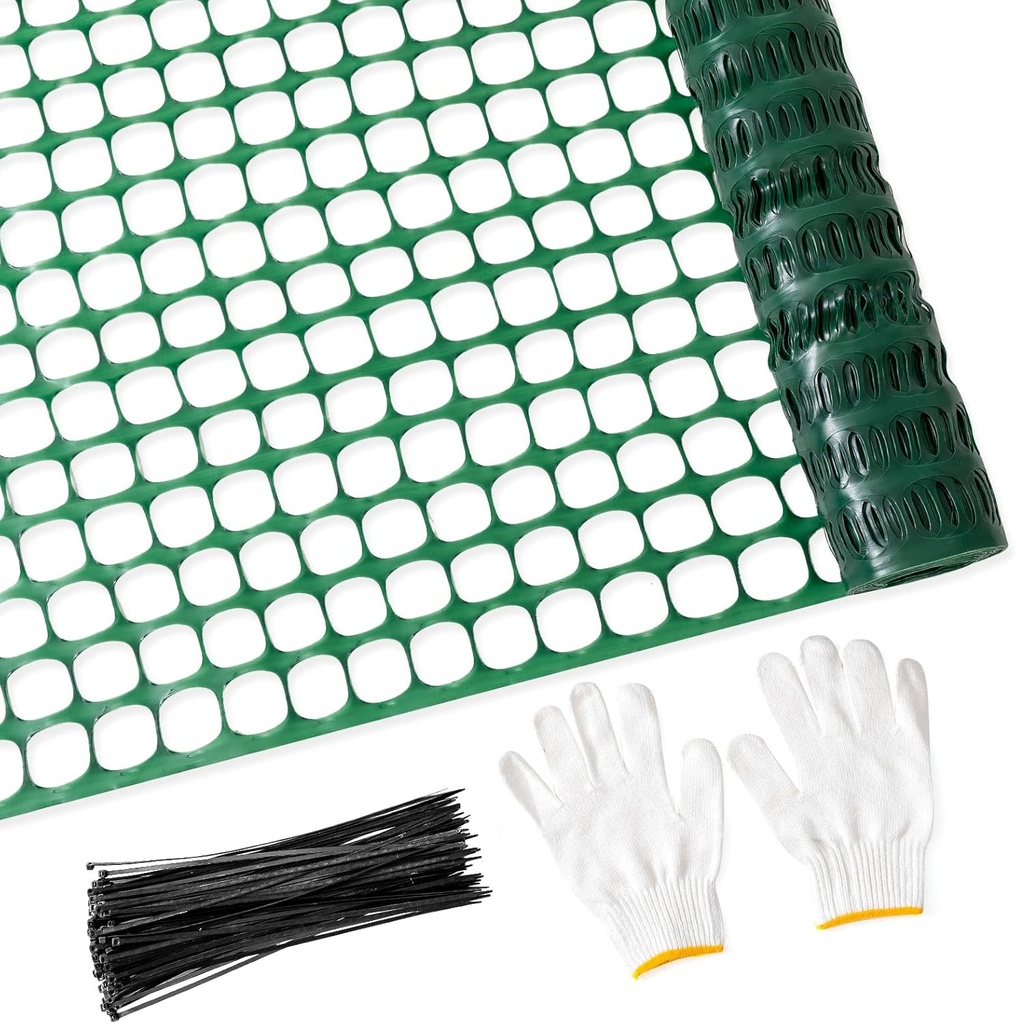 PotatoLife Plastic Mesh Fence Safety Fence, 4'x100' Roll with 100 Zip Ties, Resuable Temporary Netting for Garden Fencing, Construction, Snow Fencing, Animal Barrier, Poultry, Deer, Patio, Green