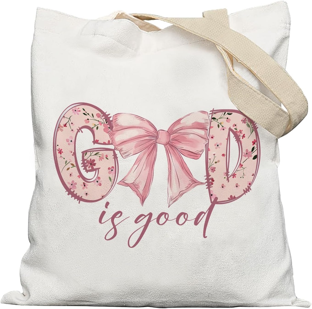 God is Good Christian Tote Bag, Coquette Pink Bow Bible Verse Canvas Tote Bags for Women, Reusable Grocery Bags, Size: 13 x 15 inches, Color: Pink