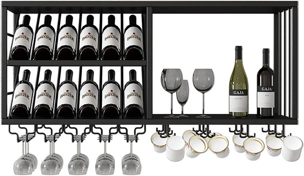 Wall Mounted Wine Rack Iron,Liquor Shelf,Wine Bottle Glass Holder,Bar Floating Wall Shelves,Large Capacity Modern Wine Glass Storage Display Racks,for Kitchen,Wine Cellar,Living Room,Black/G