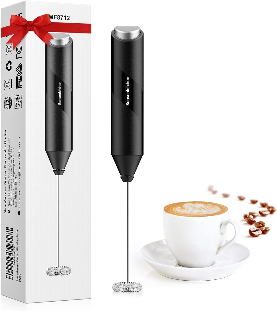 Bonsenkitchen Electric Milk Frother Handheld, Portable Whisk Milk Foam Maker, Drink Mixer for Coffee, Matcha, Electric Stirrer Coffee Mixer, Battery Operated(Not Included)