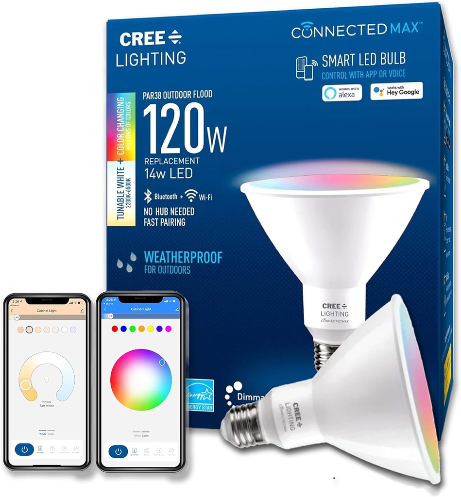 Cree Lighting Connected Max Smart Led Bulb Par38 Outdoor Flood Tunable White + Color Changing, 2.4 Ghz, Works with Alexa and Google Home, No Hub Required, Bluetooth + WiFi, 1Pk