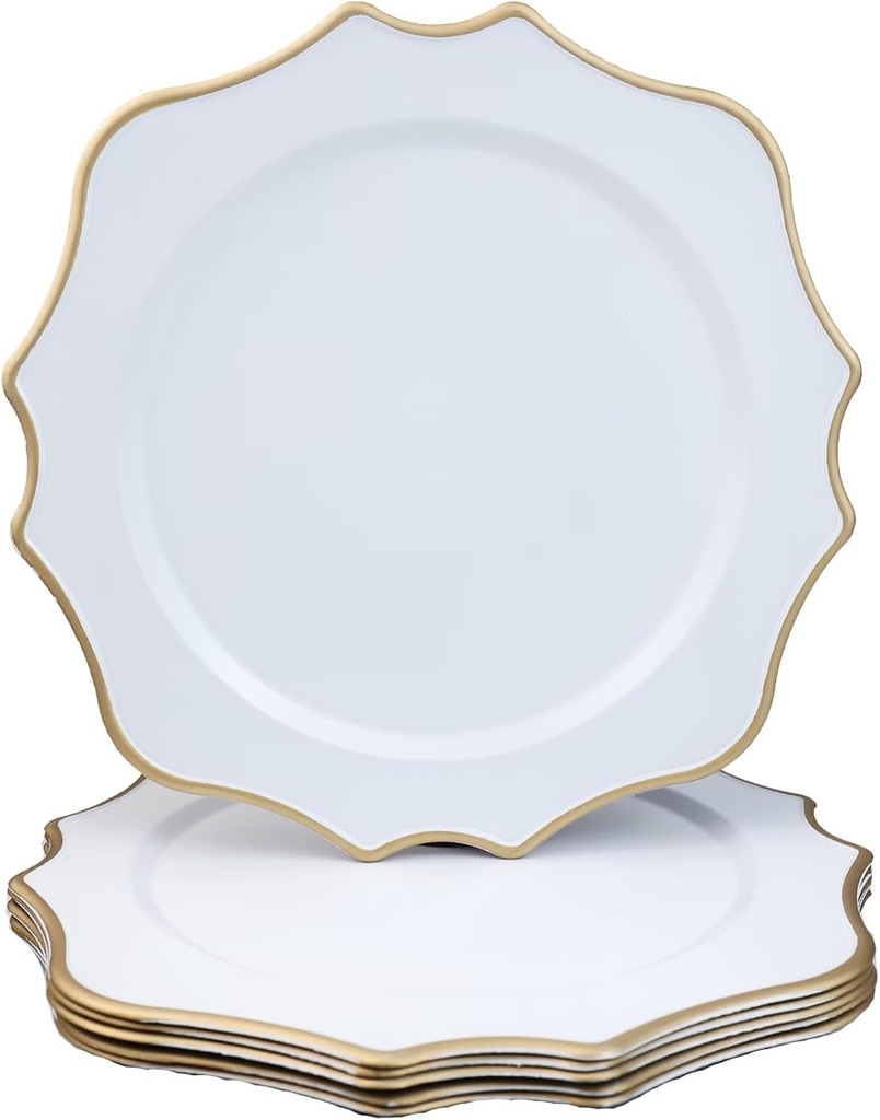 White Chargers for Dinner Plates, 13 Inch Scalloped Plastic Decorative Table Charge Service Plates Set of 6 for Wedding, Holiday, Thanksgivng, Christmas