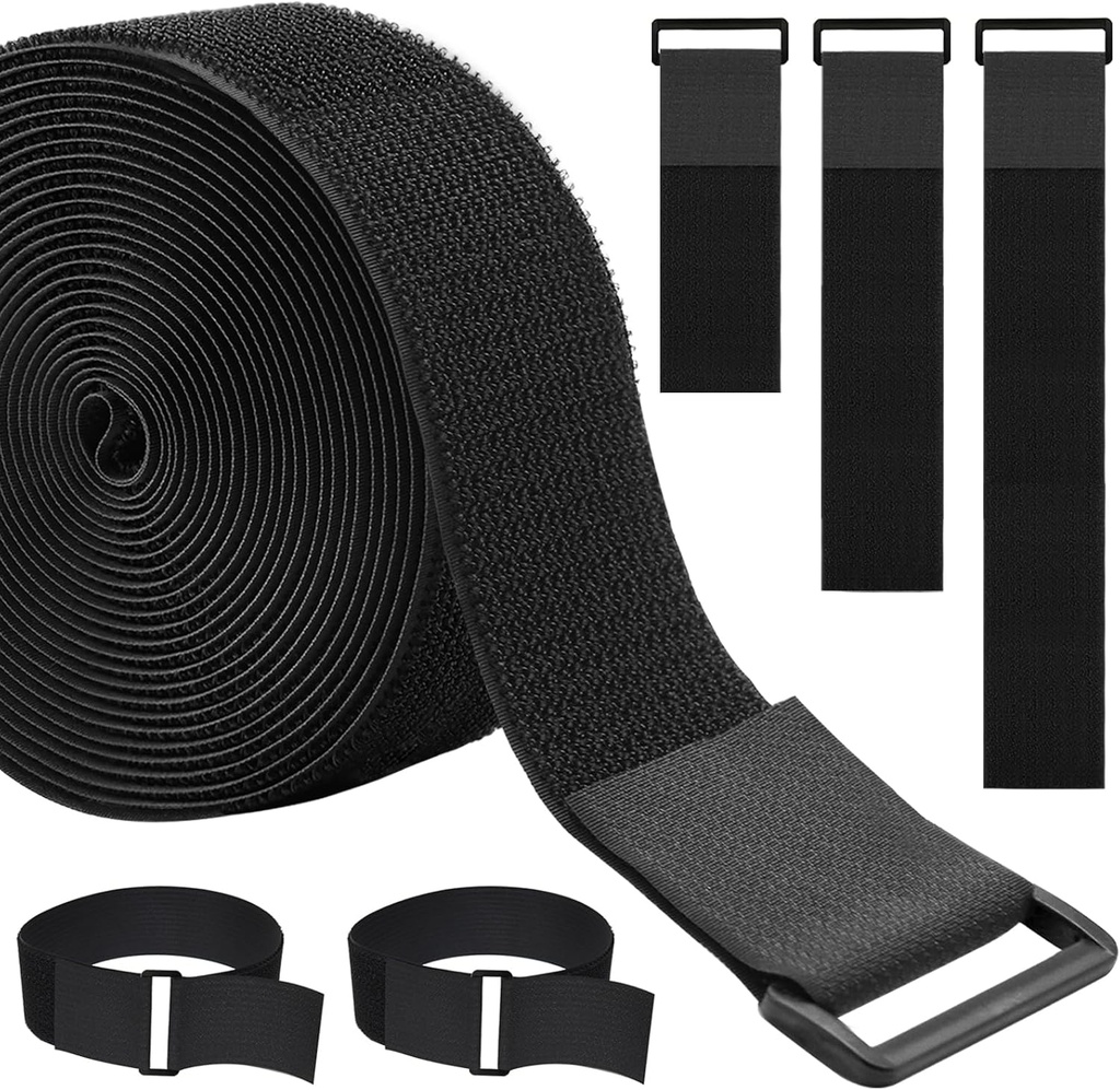 1.5In x 16Ft Cinch Straps Heavy Duty With 20 Buckles, Black Nylon Hook and Loop Straps, Reusable Long Cable Ties for Organizer or Storage