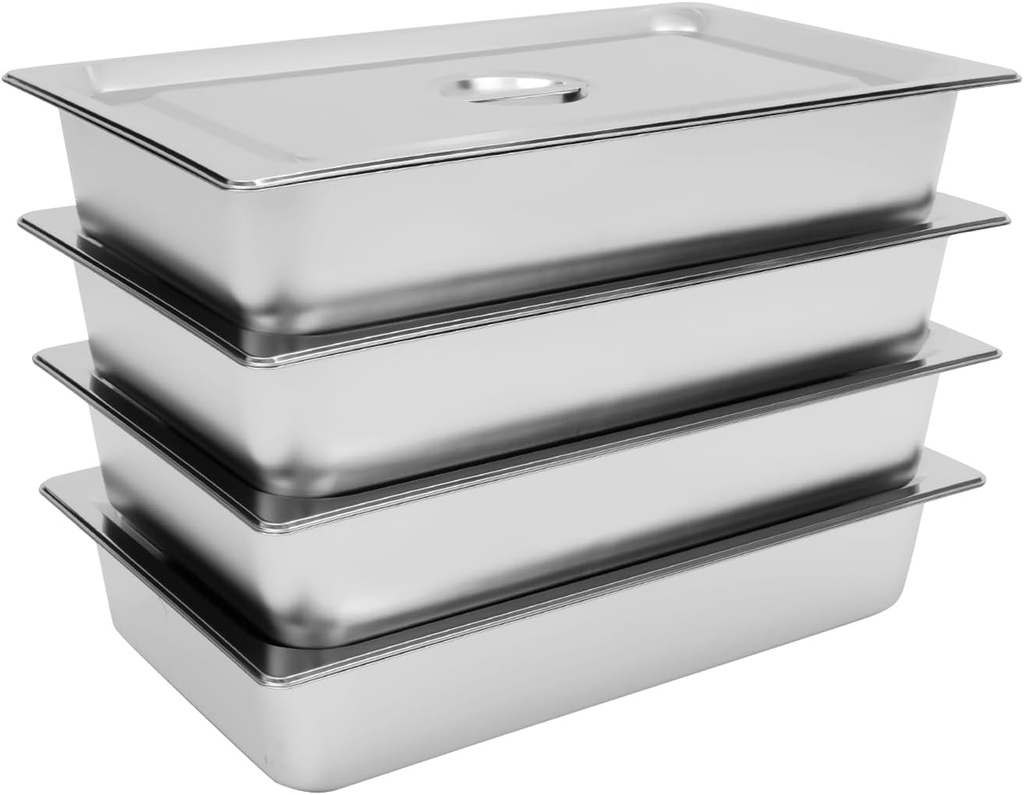 4 Packs Stainless Steel Stem Table Pan with Lid, 2.38Gal 4 Inch Deep Hotel Pan Full Size Catering Pan Anti-Jam Steam Pan Food Service Pan for Kitchen Buffet Party