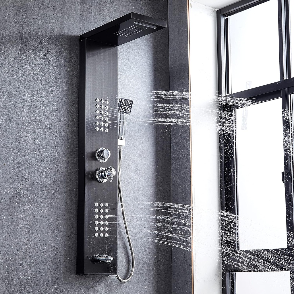 Delavin Multi Fuction Shower Panel, Shower Tower, Rainfall Waterfall Stainless Steel Shower Panel Tower System, Full Body Shower System with Body Jets, Tub Spout, Handheld Shower, Brushed Black