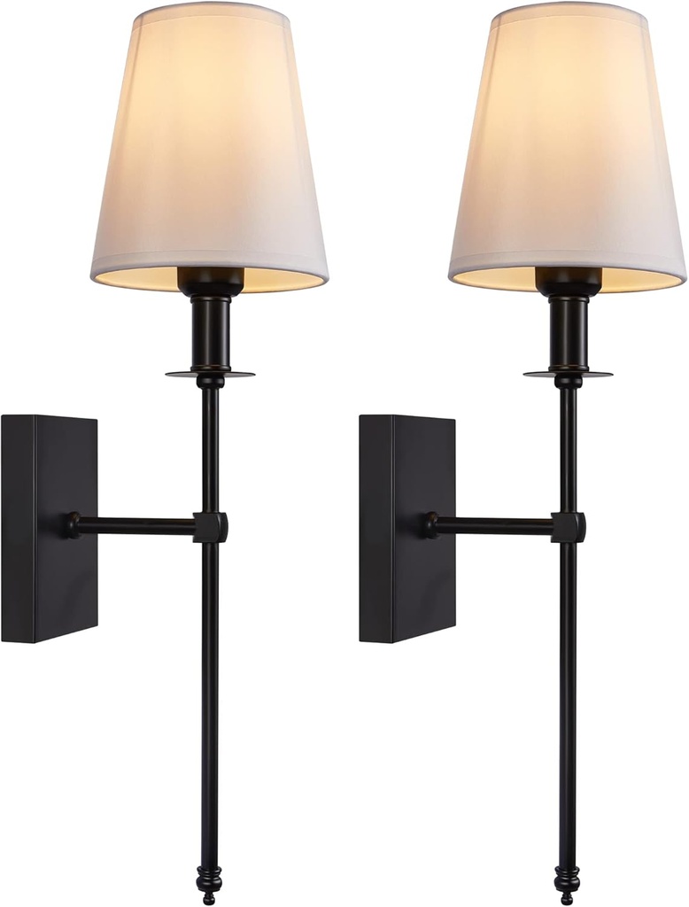 TERLEENART Modern Black Hardwired Wall Sconces Set of 2 Slim with White Fabric Shade,Wall Lighting for Bathroom Vanity Mirror Living Room Dining Entryway Fireplace Mantel Theater Room Bedside