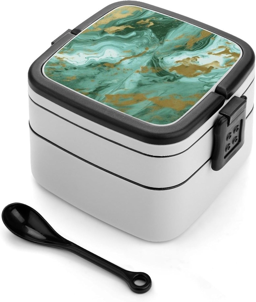 Green Gold Marble Stackable Bento Box Double-layered Leak-Proof Lunch Box 1L Capacity Portable Lunchbox Durable Drop-Proof for Work Picnic Travel
