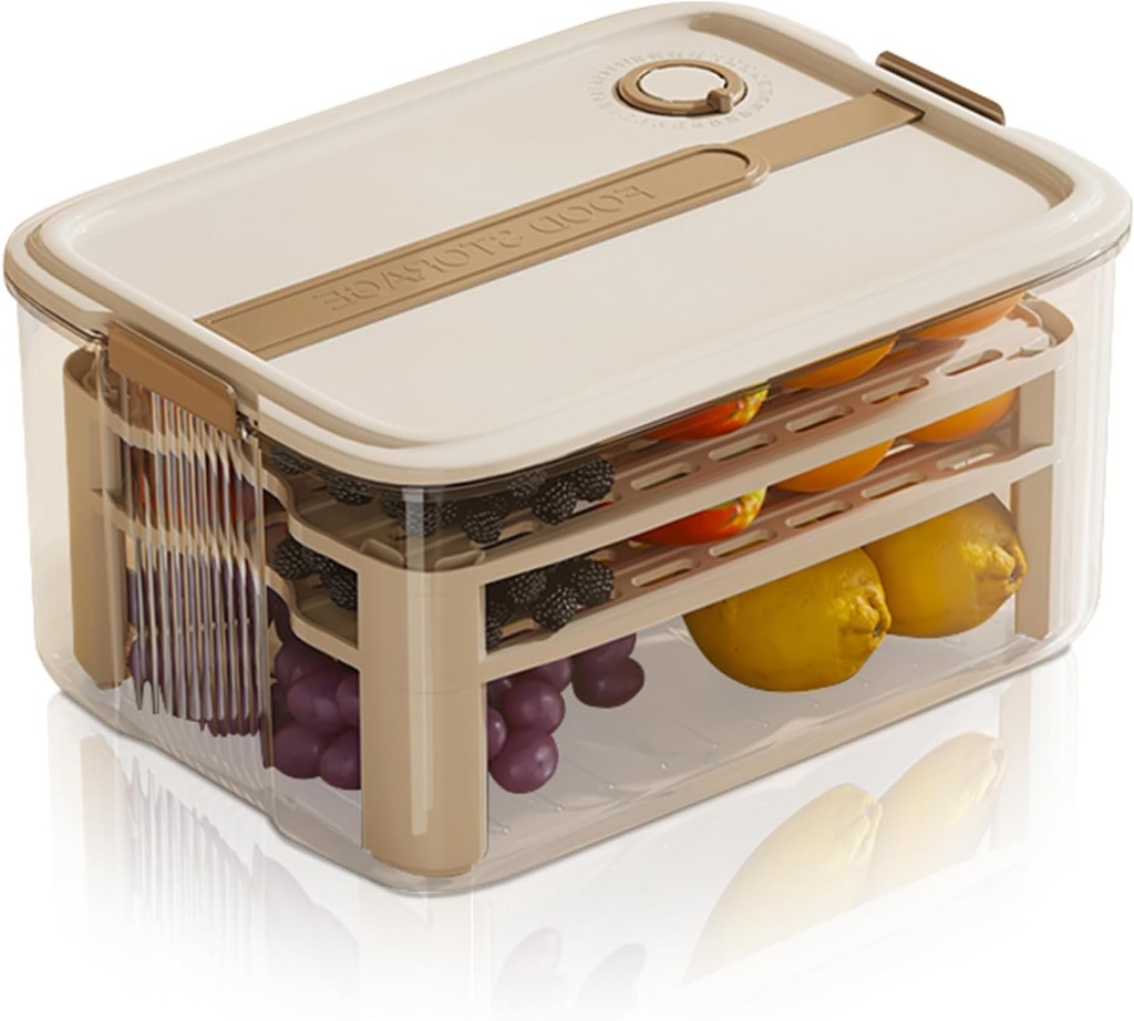 3-Layer Food Storage Container for Fridge,Lunch Meat Container for Refrigerator, Plastic Food Containers with Drain Plate and Lid, Food Storage Boxes with Lid for Fruits, Vegetables, Meat (Brown)