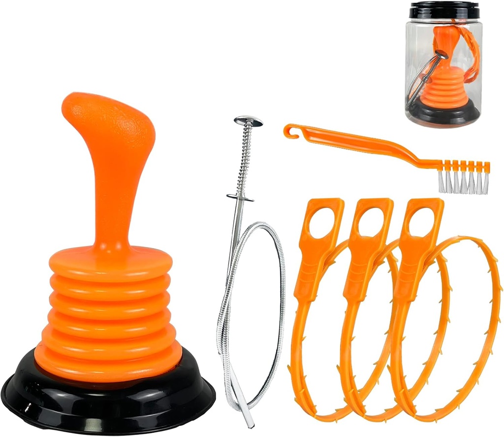 6PC Drain Clog Removal Tools, Hair Catcher Drain Auger Cleaner Tool Set, Drain Plunge, Drain Clog Remover, Drain Snake Hair Remover, Cleaning Brush, For Bathrooms, Kitchens, Sinks, Baths and Showers
