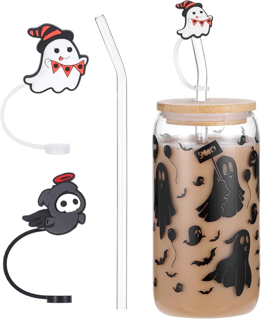 Halloween Cups, Halloween Gifts, Cute Ghost Boo Basket Stuffers for Women, 16oz Iced Coffee Glass Cups with Bamboo Lid and Straw for Teens, Girls, Include 2 Silicone Ghost Straw Covers