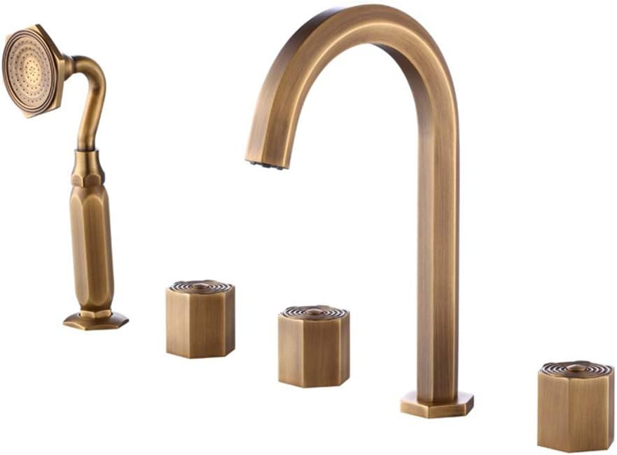 Widespread Bathtub Faucet Deck Mounted Antique Tub Filler Set Brass 3 Round Handle 5 Holes Bathroom Shower Mixer Taps with High Pressure Handheld Shower