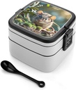 Guinea Mouse With Glasses Bento Box Double-Layer Bento Lunch Container with Spoon And Invisible Handle Adult Leak-Proof Lunchbox for Dining Out Work Picnics Travel