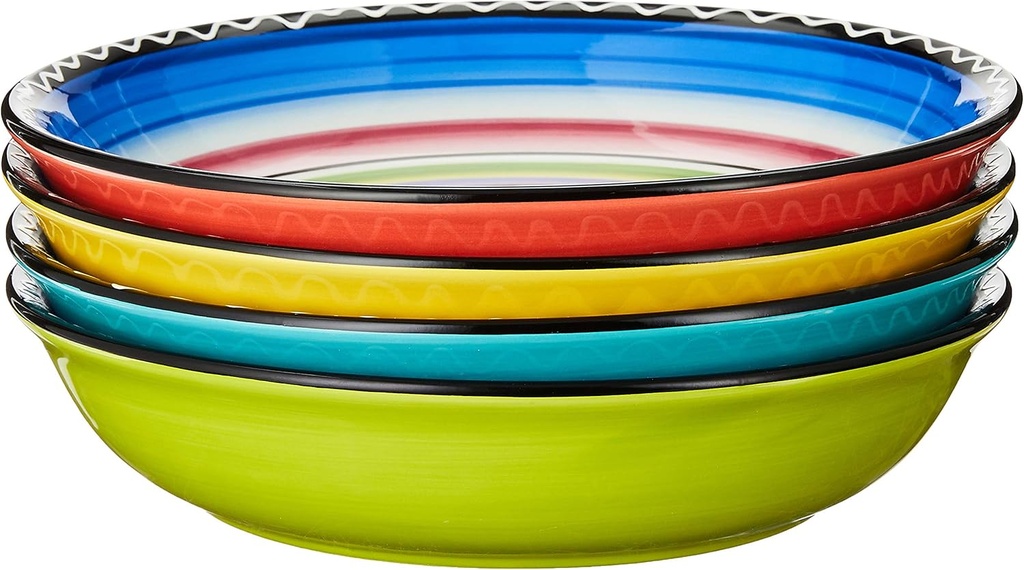 Tequila Sunrise 9.25-Inch Soup and Pasta Bowls Set of 4, 38 oz Large Colorful Ceramic Bowls, Assorted Fiesta Stripe Designs, Microwave Safe Southwest Tableware for Meals & Entertaining