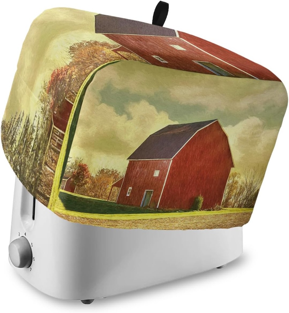Toaster Cover with Pockets Farmhouse Red Barn Bread 4 Slice Toaster Oven Covers for Kitchen, Retro Rustic Style Dustproof Cover for Small Appliance Cover Fingerprint Protection, Bread Machine Cover