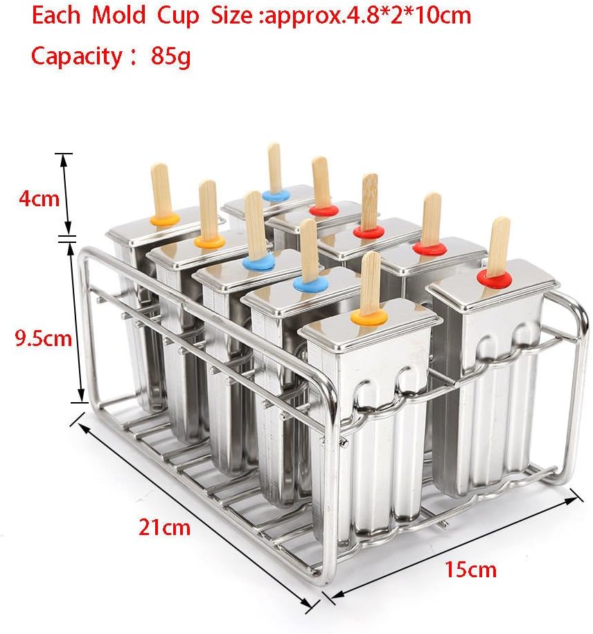 10PCS Ice Cream Stick Mold,Stainless Steel Frozen Popsicle Molds Ice Cream Pop Maker Freezer Tray,Commercial Popsicle Mold Ice Cream Stick Holder Silver