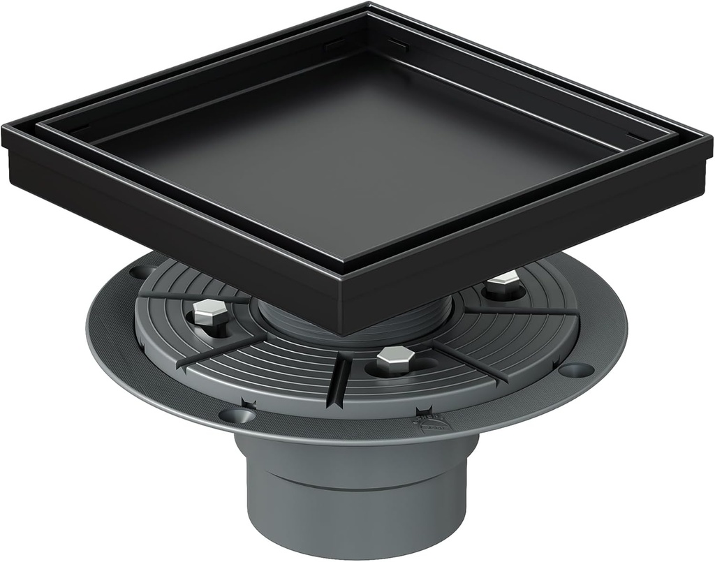 Neodrain 6-Inch Square Shower Drain with Removable Tile Insert Grate, 304 Stainless Steel, Includes PVC Shower Drain Base Hair Strainer, Matte Black