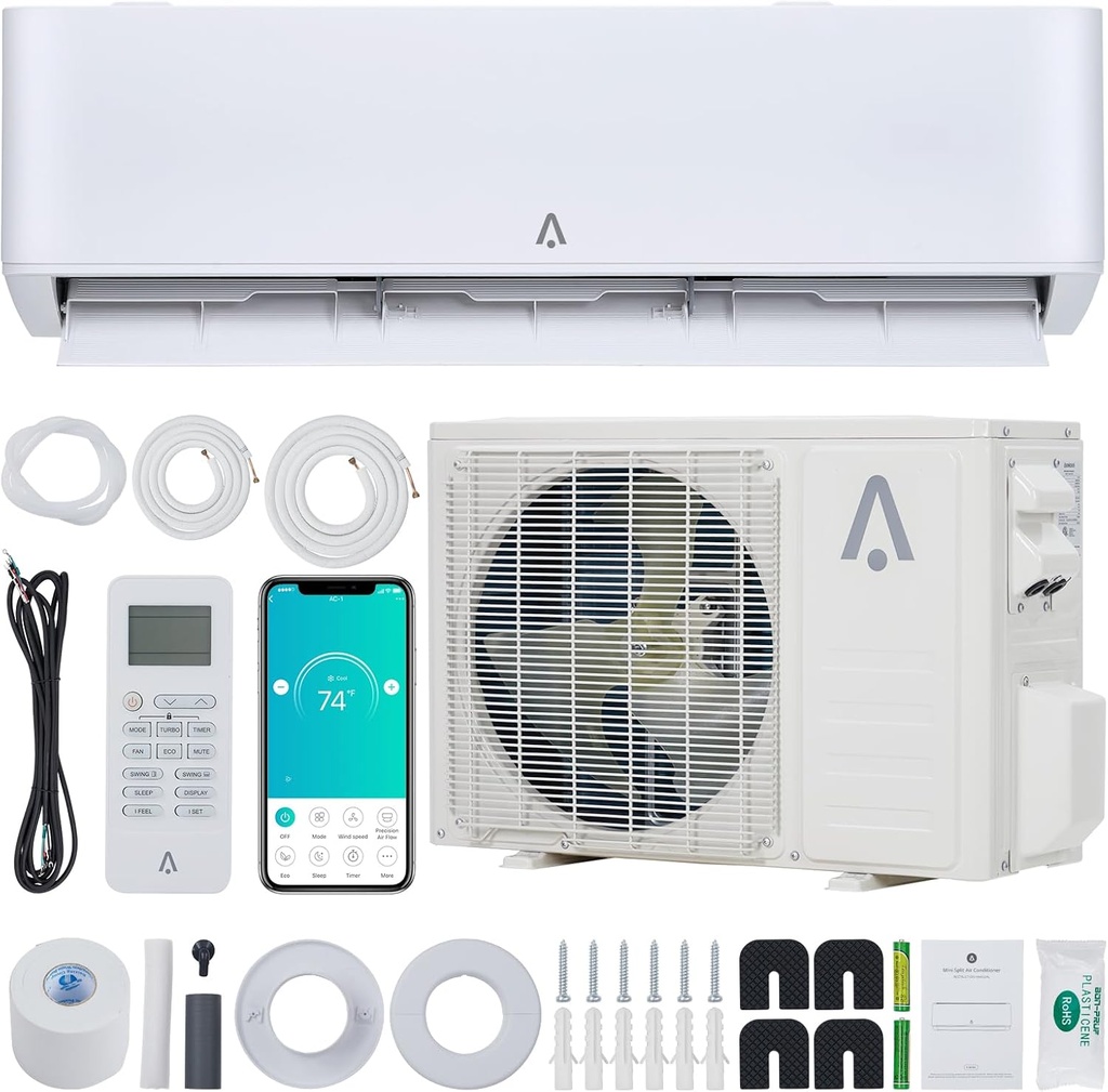 Split Air Conditioner, 18,000 BTU Mini AC Split-System, 23 SEER2 Ductless Air Conditioner Cools Room Up to 1250 Sq. Ft, w/Pre-Charged Condenser, WiFi Enabled, Complete Installation Kit, White