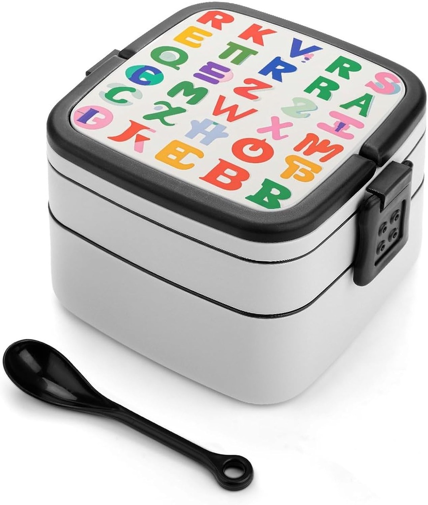 English Letter Bento Box Leak-Proof Double Layered Lunch Containers with Spoons And Invisible Handle, Portable Lunch Boxes for Work Picnic Travel