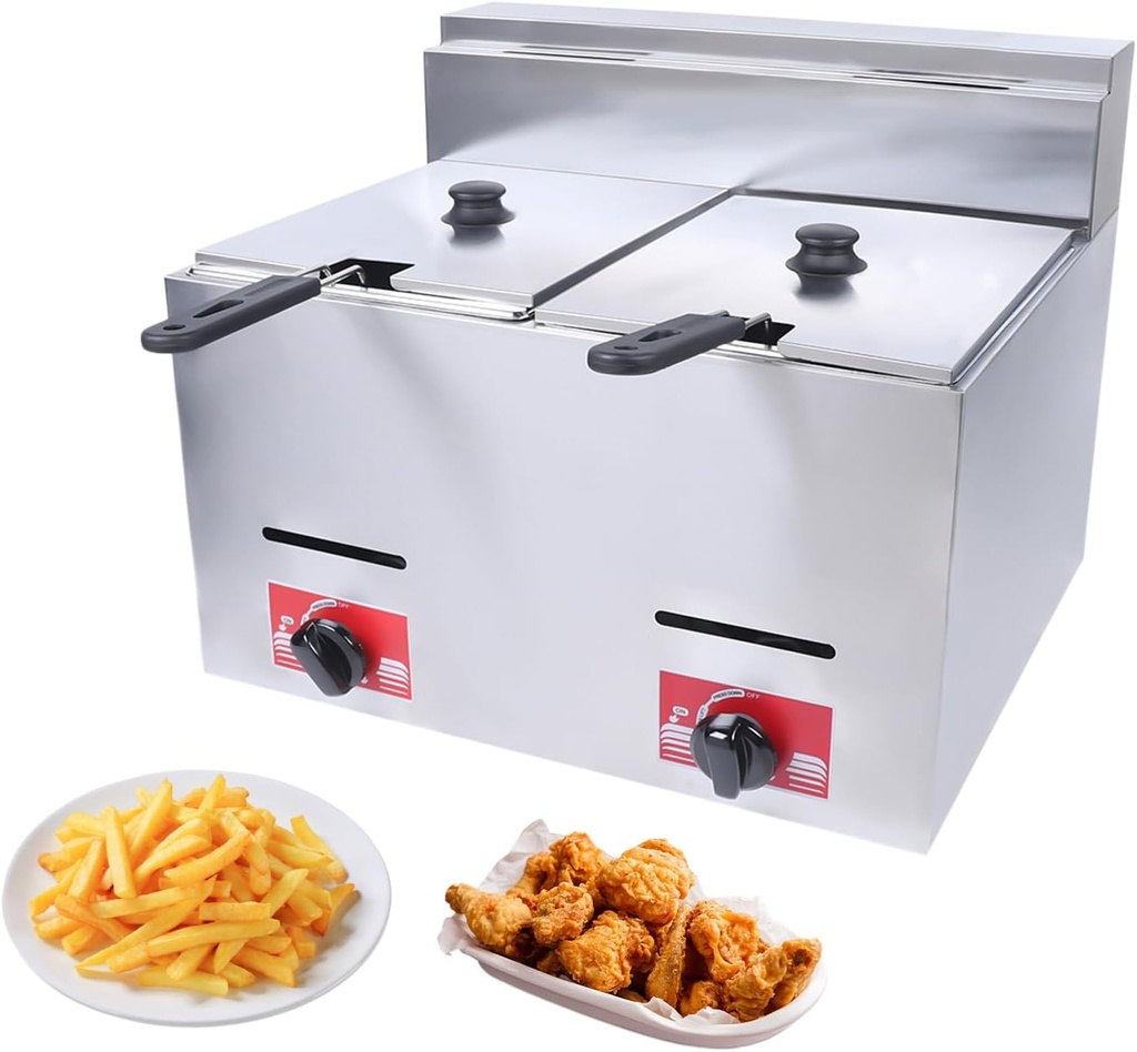 Countertop Gas Fryer 12L Commercial LPG Liquefied Gas Deep Fryer with 2 Baskets & 2 Lids, Stainless Steel Dual Tank Kitchen Frying Machine for French Fries Restaurant Home Kitchen (US Stock)