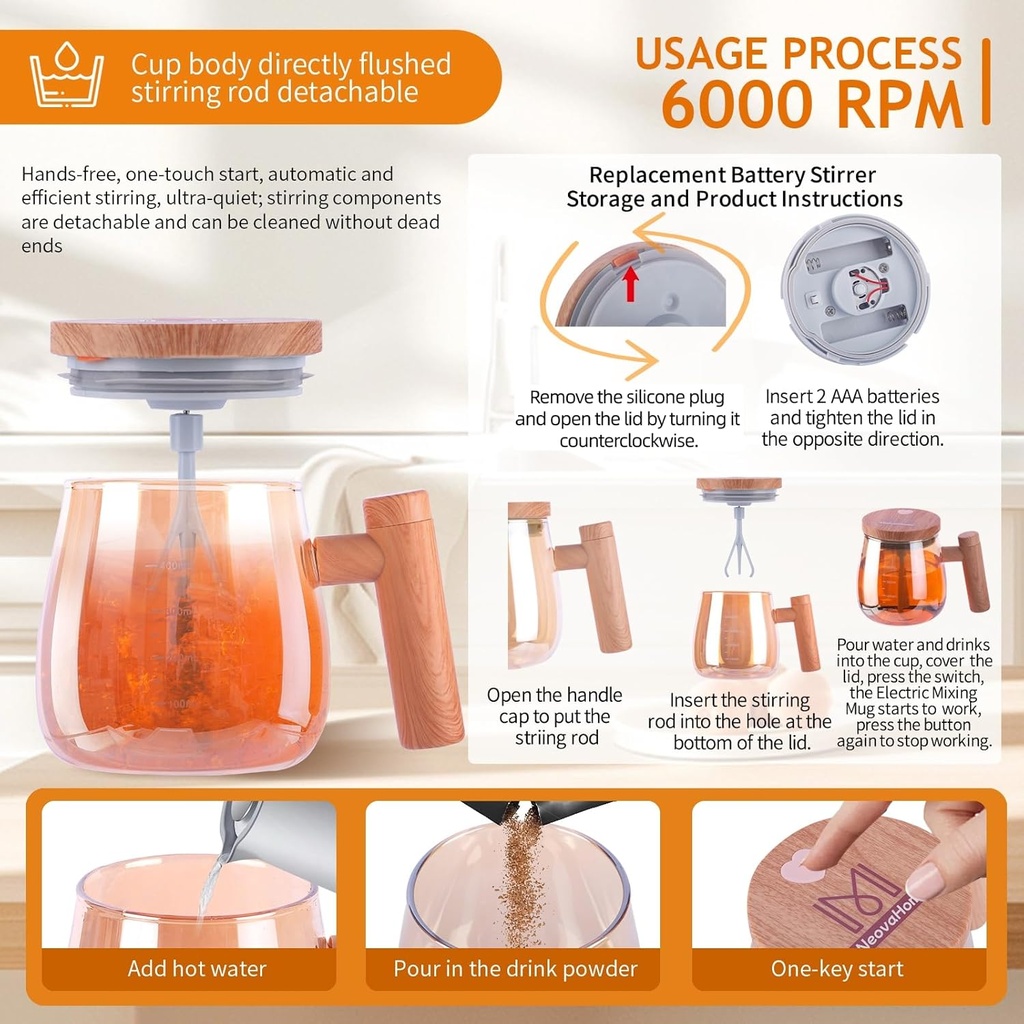 Electric Self Stirring Mug, 400ml High Borosilicate Glass Coffee Cup with Lid & Handle - Lightweight High Speed Mixing for Coffee/Milk/Protein Powder, Home & Office Use (Battery Not Included)