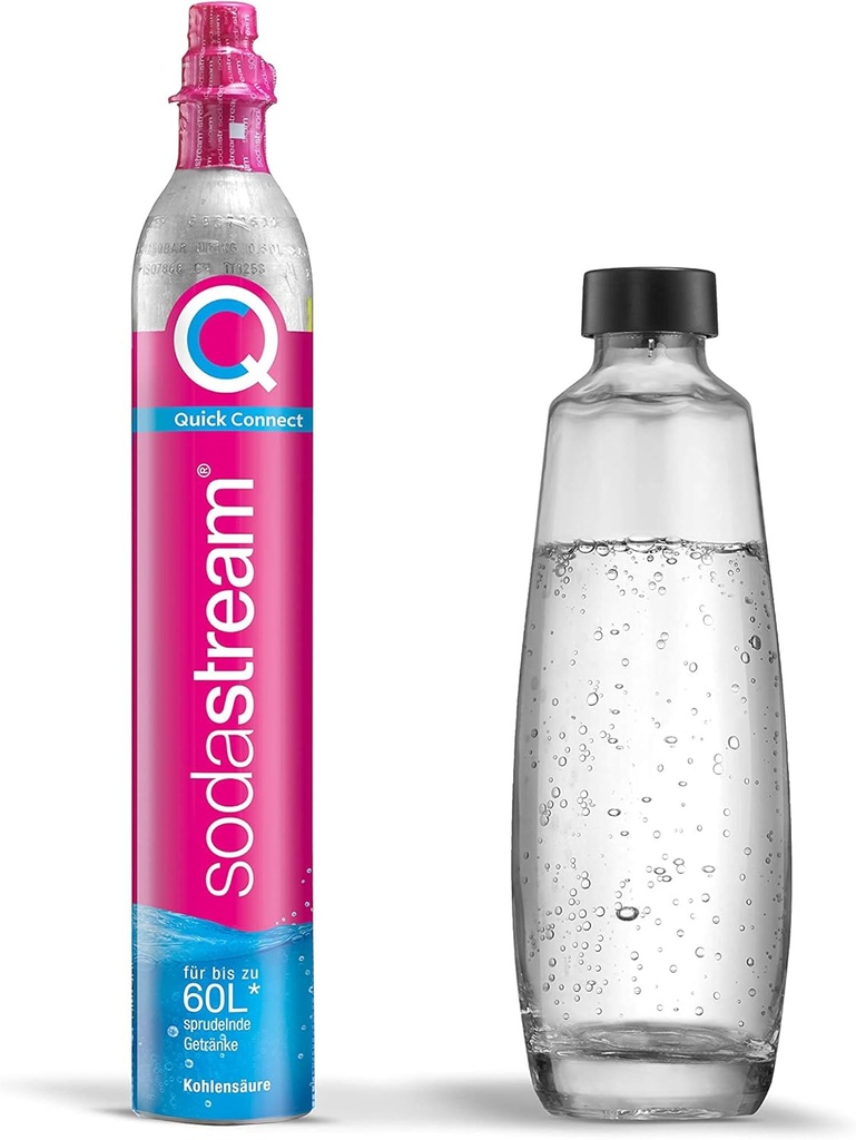 SodaStream QC Spare Pack with 1 Quick Connect CO2 Cylinder, Yield: 60 L, 1 x 1 Litre Glass Bottle, Pink, 27.5 x 16 x 44 cm
