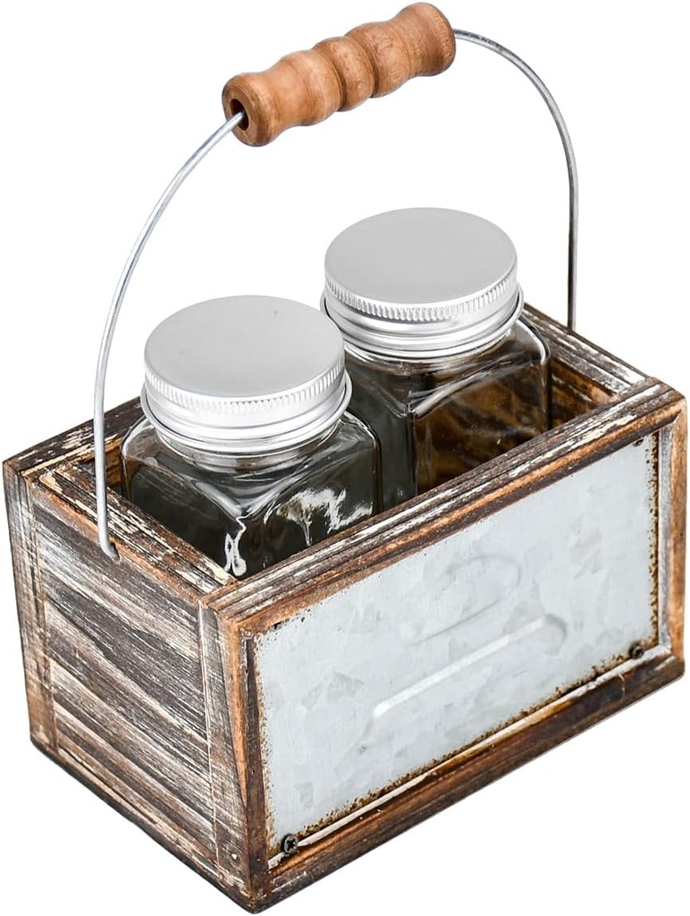 Rustic Kitchen Salt and Pepper Shakers Set with Wood Caddy Clear Glass Salt & Pepper Shaker Dispensers Set Easy to Clean & Refill Vintage Farmhouse Kitchen Party Home Decor, Restaurants, and Gift